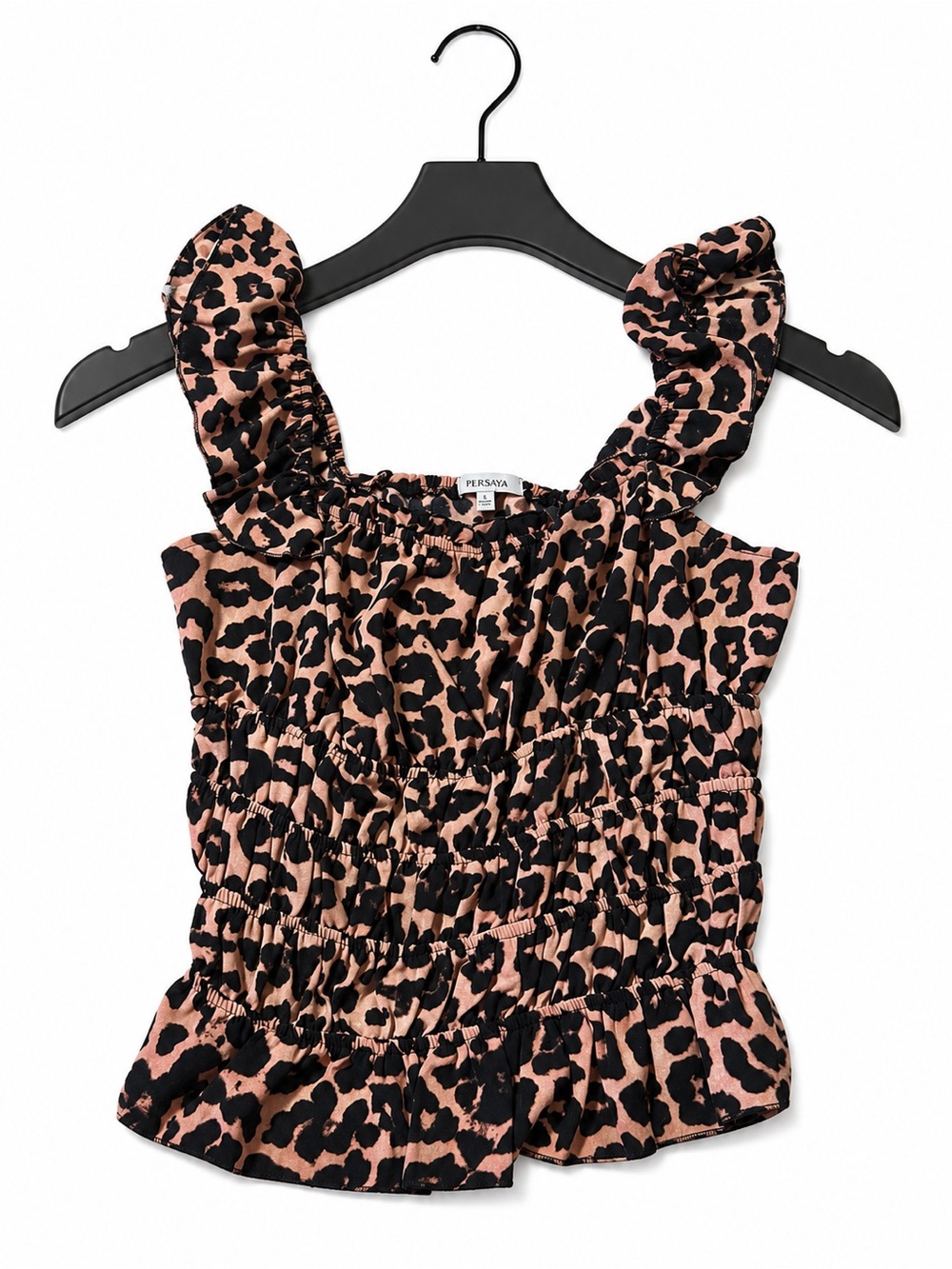 Persaya Pink Leopard Smocked Ruffle Tank Top from Unique Vintage